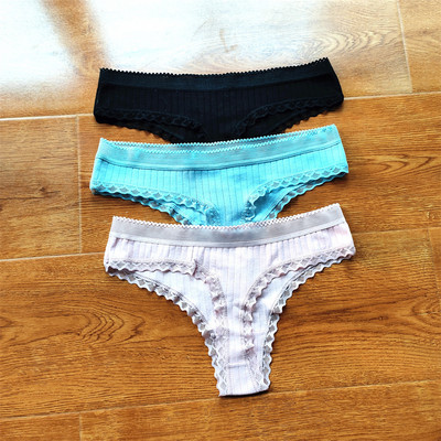 3 buc Volane dantela talie joasa tanga din bumbac cu nervuri de culoare solida lenjerie de corp pentru femei, fara sudura, tanga pentru fete