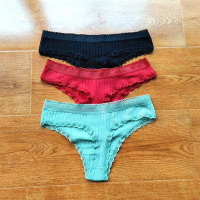 3 buc Volane dantela talie joasa tanga din bumbac cu nervuri de culoare solida lenjerie de corp pentru femei, fara sudura, tanga pentru fete
