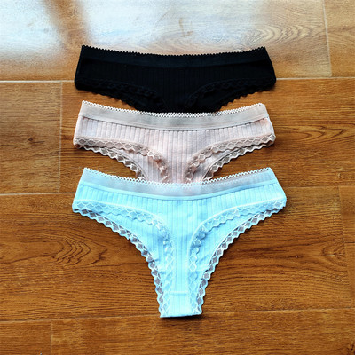 3 buc Volane dantela talie joasa tanga din bumbac cu nervuri de culoare solida lenjerie de corp pentru femei, fara sudura, tanga pentru fete