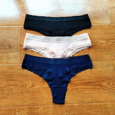 3 buc Volane dantela talie joasa tanga din bumbac cu nervuri de culoare solida lenjerie de corp pentru femei, fara sudura, tanga pentru fete