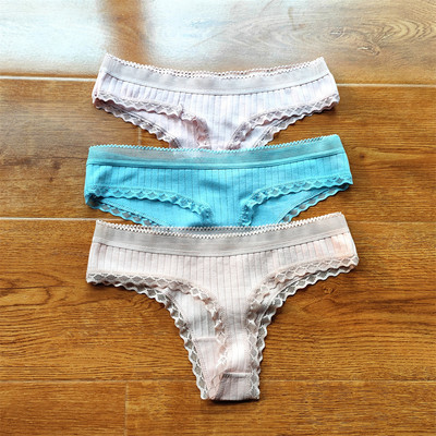 3 buc Volane dantela talie joasa tanga din bumbac cu nervuri de culoare solida lenjerie de corp pentru femei, fara sudura, tanga pentru fete