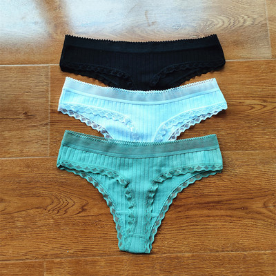 3 buc Volane dantela talie joasa tanga din bumbac cu nervuri de culoare solida lenjerie de corp pentru femei, fara sudura, tanga pentru fete