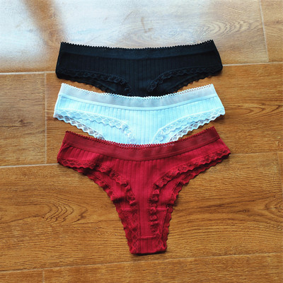 3 buc Volane dantela talie joasa tanga din bumbac cu nervuri de culoare solida lenjerie de corp pentru femei, fara sudura, tanga pentru fete