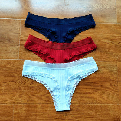3 buc Volane dantela talie joasa tanga din bumbac cu nervuri de culoare solida lenjerie de corp pentru femei, fara sudura, tanga pentru fete