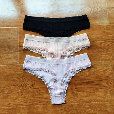 3 buc Volane dantela talie joasa tanga din bumbac cu nervuri de culoare solida lenjerie de corp pentru femei, fara sudura, tanga pentru fete