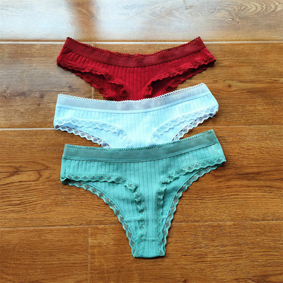 3 buc Volane dantela talie joasa tanga din bumbac cu nervuri de culoare solida lenjerie de corp pentru femei, fara sudura, tanga pentru fete