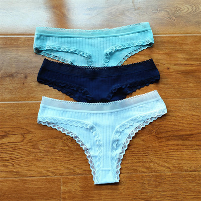 3 buc Volane dantela talie joasa tanga din bumbac cu nervuri de culoare solida lenjerie de corp pentru femei, fara sudura, tanga pentru fete