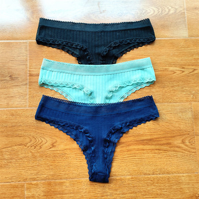 3 buc Volane dantela talie joasa tanga din bumbac cu nervuri de culoare solida lenjerie de corp pentru femei, fara sudura, tanga pentru fete