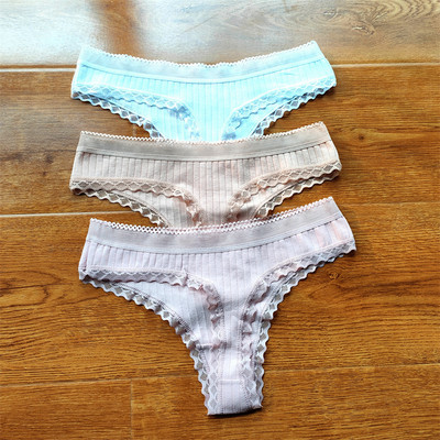 3 buc Volane dantela talie joasa tanga din bumbac cu nervuri de culoare solida lenjerie de corp pentru femei, fara sudura, tanga pentru fete