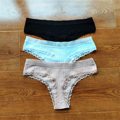 3 buc Volane dantela talie joasa tanga din bumbac cu nervuri de culoare solida lenjerie de corp pentru femei, fara sudura, tanga pentru fete