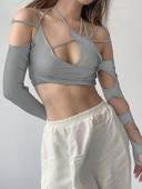 Gothic Y2k Punk Ženske majice s halterima E-girl Patchwork Crop Top s dugim rukavima Seksi izrezana ležerna tamna ulična odjeća Techwear majice