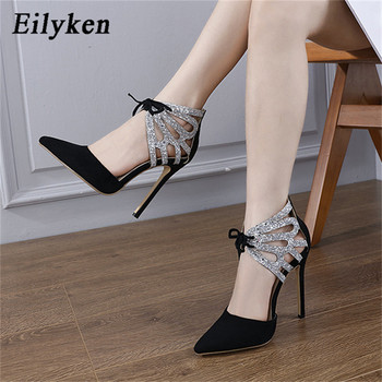 Eilyken Sexy Sequin Πανί Γυναικεία πέδιλα με σταυρωτό δέσιμο Κομψό στυλ Stripper με μυτερά παπούτσια Stiletto ψηλοτάκουνα παπούτσια