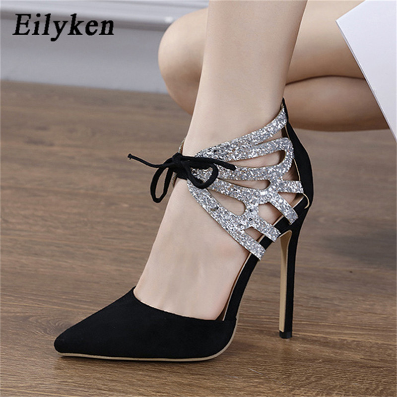 Eilyken Seksi šljokičasta tkanina Ženske sandale na gležnjeve s križnim vezanjem Elegantne stilske striptizete sa šiljatim prstima Cipele na visoke pete za maturalnu večer