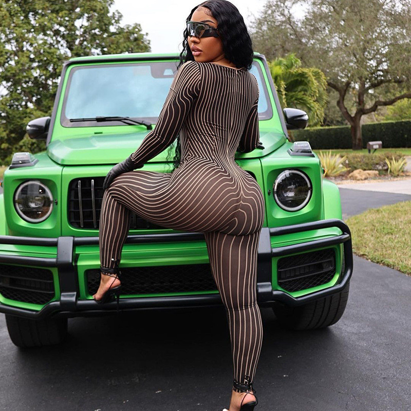 BKLD One Pieces 2023 Jar/Leto Nové sieťované potlačené úzke perspektívne dlhé rukávy Dámske nohavice Overaly Nočný klub Outfit