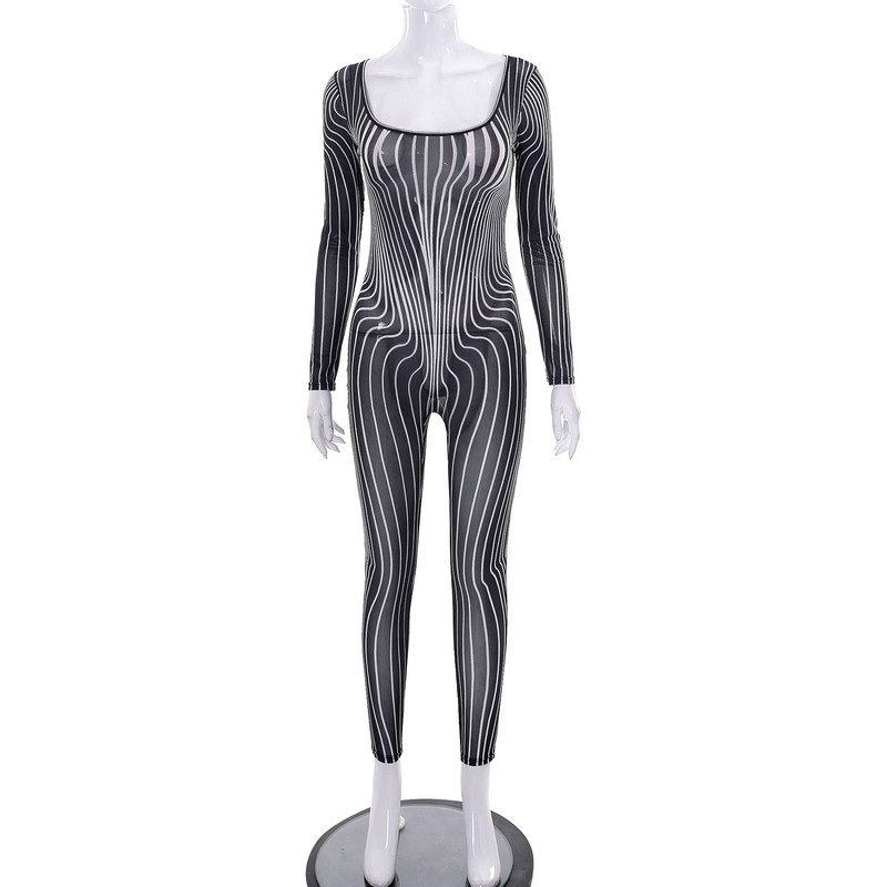 BKLD One Pieces 2023 Jar/Leto Nové sieťované potlačené úzke perspektívne dlhé rukávy Dámske nohavice Overaly Nočný klub Outfit