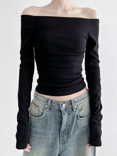 Negru Solid Slash Gât Elegant Topuri cu mâneci lungi Moda coreeană Slim Sexy Tricou decupat Femei Îmbrăcăminte de toamnă