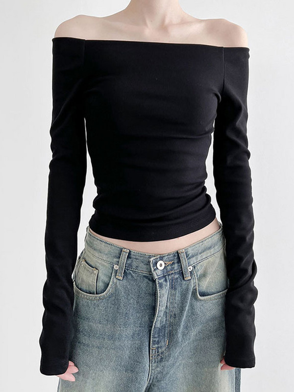 Negru Solid Slash Gât Elegant Topuri cu mâneci lungi Moda coreeană Slim Sexy Tricou decupat Femei Îmbrăcăminte de toamnă