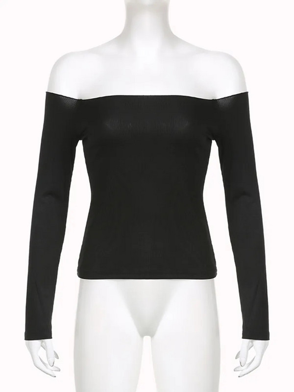 Negru Solid Slash Gât Elegant Topuri cu mâneci lungi Moda coreeană Slim Sexy Tricou decupat Femei Îmbrăcăminte de toamnă