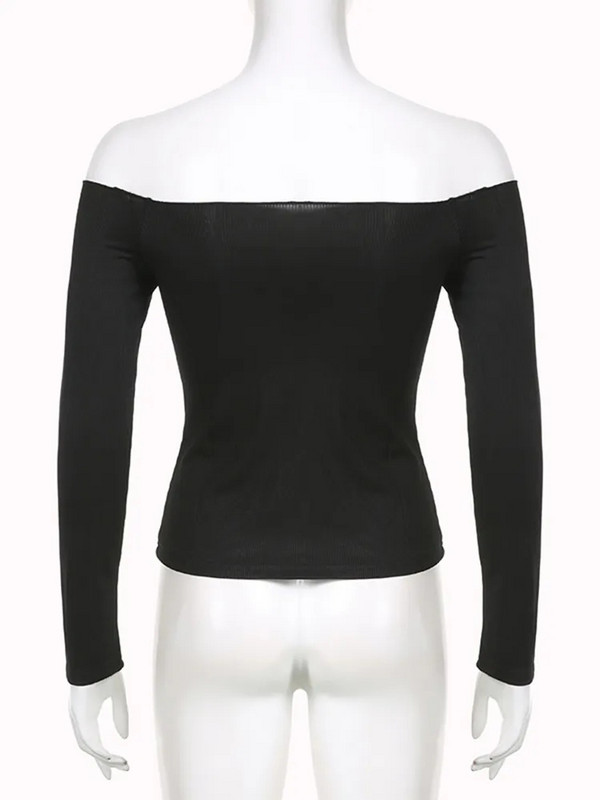 Negru Solid Slash Gât Elegant Topuri cu mâneci lungi Moda coreeană Slim Sexy Tricou decupat Femei Îmbrăcăminte de toamnă