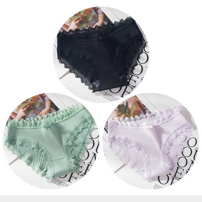 Chiloți din bumbac Femei Slip sexy din dantelă Chiloți de culoare uni pentru fete Set chiloți cu fundă Lenjerie intima 3 buc/lot