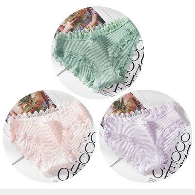 Chiloți din bumbac Femei Slip sexy din dantelă Chiloți de culoare uni pentru fete Set chiloți cu fundă Lenjerie intima 3 buc/lot