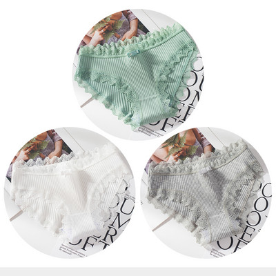 Chiloți din bumbac Femei Slip sexy din dantelă Chiloți de culoare uni pentru fete Set chiloți cu fundă Lenjerie intima 3 buc/lot