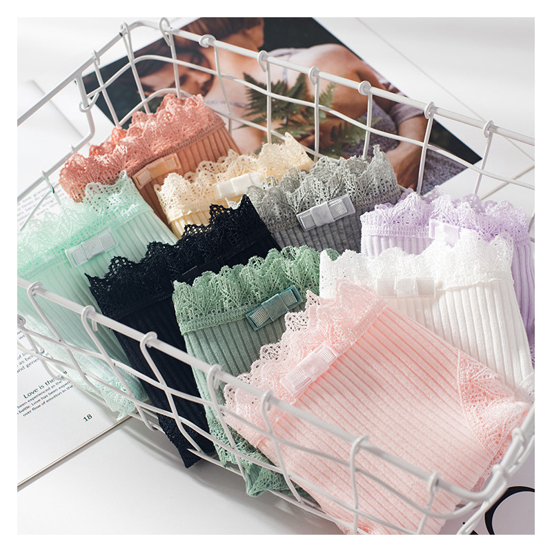 Chiloți din bumbac Femei Slip sexy din dantelă Chiloți de culoare uni pentru fete Set chiloți cu fundă Lenjerie intima 3 buc/lot