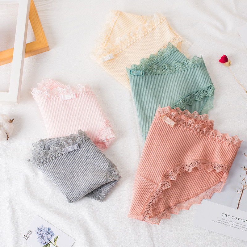 Chiloți din bumbac Femei Slip sexy din dantelă Chiloți de culoare uni pentru fete Set chiloți cu fundă Lenjerie intima 3 buc/lot