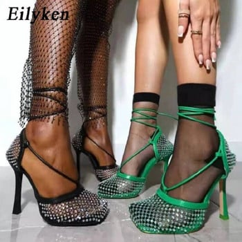 Eilyken, зелени, жълти, кристални дамски помпи с квадратни пръсти, мрежести, кухи глезени, кръстосано завързани сандали с кристали на висок ток Дамски обувки