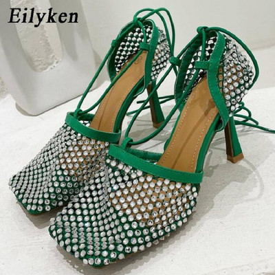 Eilyken zelene žute kristalne ženske cipele s kvadratnim prstima Mrežaste cipele sa šupljim gležnjevima i križnim vezanjem Sandale na visoku petu sa kamenčićima Ženske svečane cipele