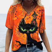 Halloween Elements majica kratkih rukava za žene Djevojačka majica kratkih rukava s uzorkom Evil Cat s V-izrezom kratkih rukava Ženska odjeća prevelike veličine