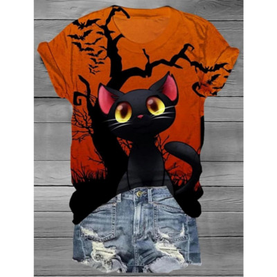 Halloween Elements majica kratkih rukava za žene Djevojačka majica kratkih rukava s uzorkom Evil Cat s V-izrezom kratkih rukava Ženska odjeća prevelike veličine