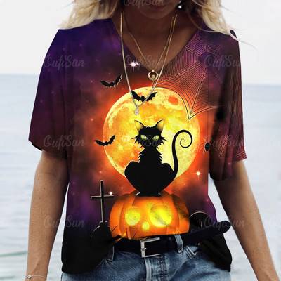 Halloween Elements majica kratkih rukava za žene Djevojačka majica kratkih rukava s uzorkom Evil Cat s V-izrezom kratkih rukava Ženska odjeća prevelike veličine