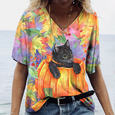 Halloween Elements majica kratkih rukava za žene Djevojačka majica kratkih rukava s uzorkom Evil Cat s V-izrezom kratkih rukava Ženska odjeća prevelike veličine