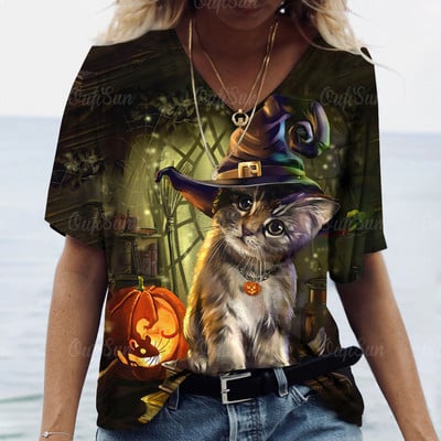 Halloween Elements majica kratkih rukava za žene Djevojačka majica kratkih rukava s uzorkom Evil Cat s V-izrezom kratkih rukava Ženska odjeća prevelike veličine