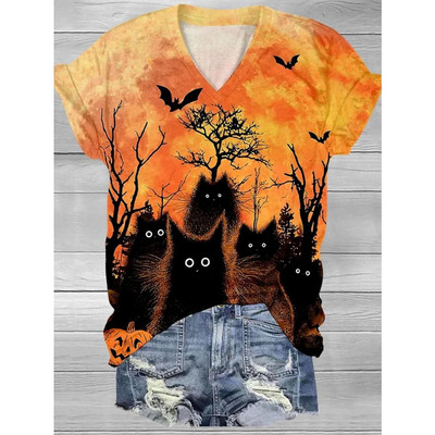Halloween Elements majica kratkih rukava za žene Djevojačka majica kratkih rukava s uzorkom Evil Cat s V-izrezom kratkih rukava Ženska odjeća prevelike veličine