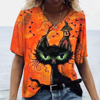 Halloween Elements majica kratkih rukava za žene Djevojačka majica kratkih rukava s uzorkom Evil Cat s V-izrezom kratkih rukava Ženska odjeća prevelike veličine