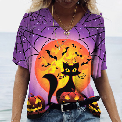 Halloween Elements majica kratkih rukava za žene Djevojačka majica kratkih rukava s uzorkom Evil Cat s V-izrezom kratkih rukava Ženska odjeća prevelike veličine