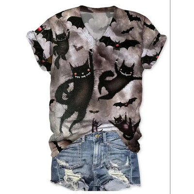 Halloween Elements majica kratkih rukava za žene Djevojačka majica kratkih rukava s uzorkom Evil Cat s V-izrezom kratkih rukava Ženska odjeća prevelike veličine