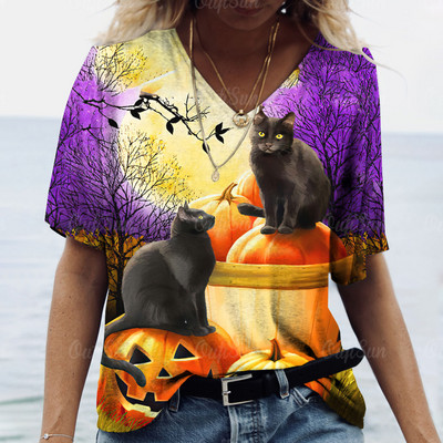 Halloween Elements majica kratkih rukava za žene Djevojačka majica kratkih rukava s uzorkom Evil Cat s V-izrezom kratkih rukava Ženska odjeća prevelike veličine