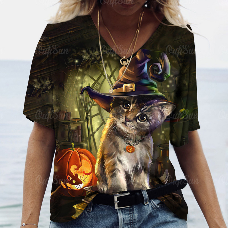Halloween Elements majica kratkih rukava za žene Djevojačka majica kratkih rukava s uzorkom Evil Cat s V-izrezom kratkih rukava Ženska odjeća prevelike veličine