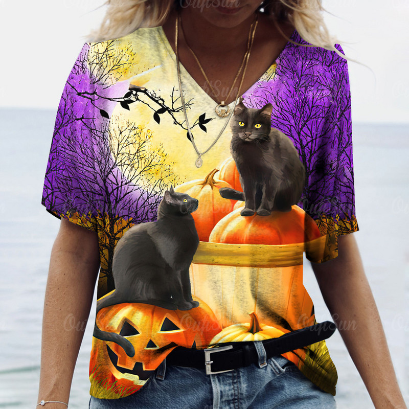Halloween Elements majica kratkih rukava za žene Djevojačka majica kratkih rukava s uzorkom Evil Cat s V-izrezom kratkih rukava Ženska odjeća prevelike veličine