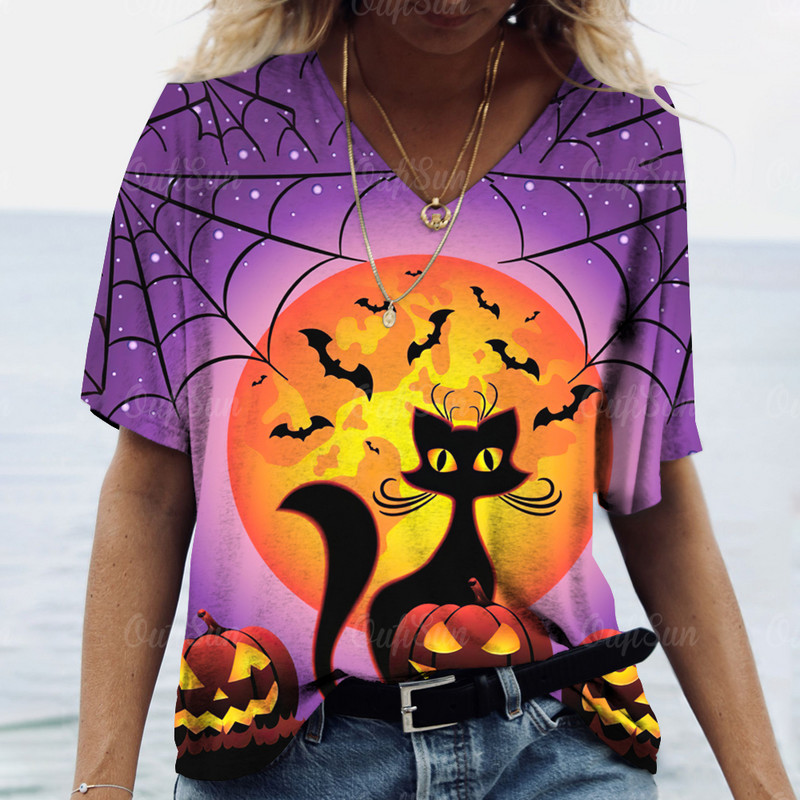 Halloween Elements majica kratkih rukava za žene Djevojačka majica kratkih rukava s uzorkom Evil Cat s V-izrezom kratkih rukava Ženska odjeća prevelike veličine