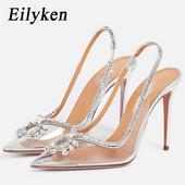 Eilyken Cristal argintiu PVC Transparente Pompe pentru femei Elegante petrecere Nuntă Tocuri subțiri Sandale Slingback Pantofi de modă