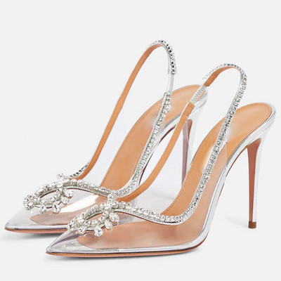 Eilyken Cristal argintiu PVC Transparente Pompe pentru femei Elegante petrecere Nuntă Tocuri subțiri Sandale Slingback Pantofi de modă