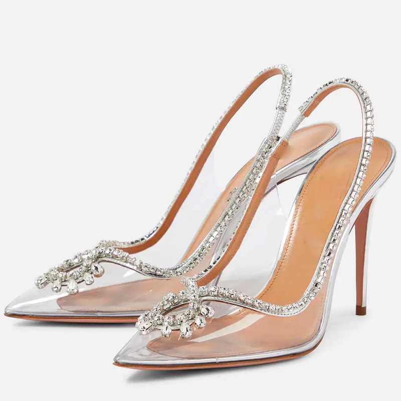Eilyken Cristal argintiu PVC Transparente Pompe pentru femei Elegante petrecere Nuntă Tocuri subțiri Sandale Slingback Pantofi de modă