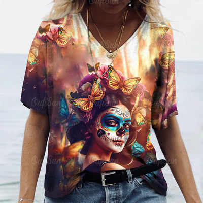 Modne ženske bluze 2023 T-shirt Ženska 3d klaun majica s V-izrezom u boji Ljetne majice Ženska odjeća Prevelike majice