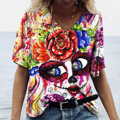 Modne ženske bluze 2023 T-shirt Ženska 3d klaun majica s V-izrezom u boji Ljetne majice Ženska odjeća Prevelike majice