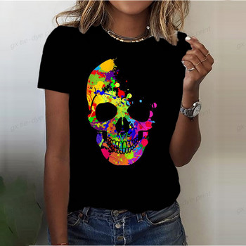 Scary Flower Skull Print Καλοκαιρινό γυναικείο μπλουζάκι με λαιμόκοψη κοντό μανίκι Street Cool μπλουζάκια Tees Γυναικεία ρούχα υπερμεγέθη casual τοπ