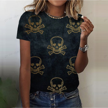 Scary Flower Skull Print Καλοκαιρινό γυναικείο μπλουζάκι με λαιμόκοψη κοντό μανίκι Street Cool μπλουζάκια Tees Γυναικεία ρούχα υπερμεγέθη casual τοπ